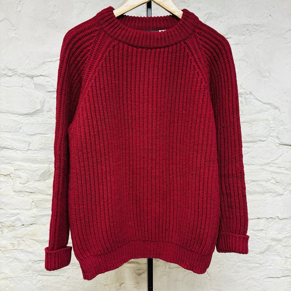 Eddie Bauer Wool Crewneck Fisherman Sweater Burgundy Rib Knit Made in England